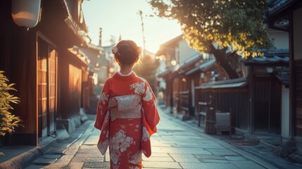 Fototapeta premium Happy japanese girl wearing kimono in autumn near temple,young girl walking in street japan,Image of Japanese tourism and travel hospitality concept.