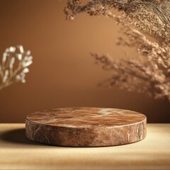 Brown Marble Display Platform Autumnal Dried Flowers Background