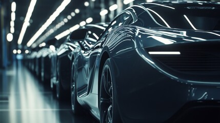 Modern cars elegantly arranged in an industrial showroom, showcasing sleek designs and advanced technology, embodying innovation and automotive excellence.