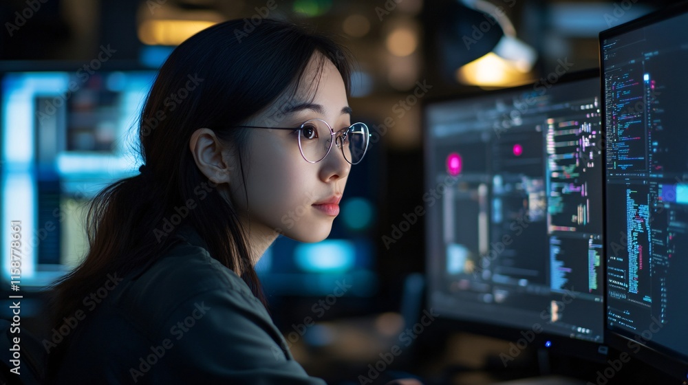 Poster Asian woman programmer working on computer code at night in data center control room