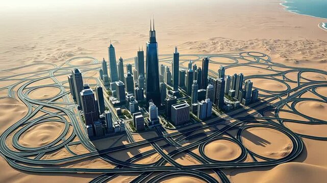 Aerial view of a modern urban landscape featuring a dense cluster of skyscrapers and intricate road networks