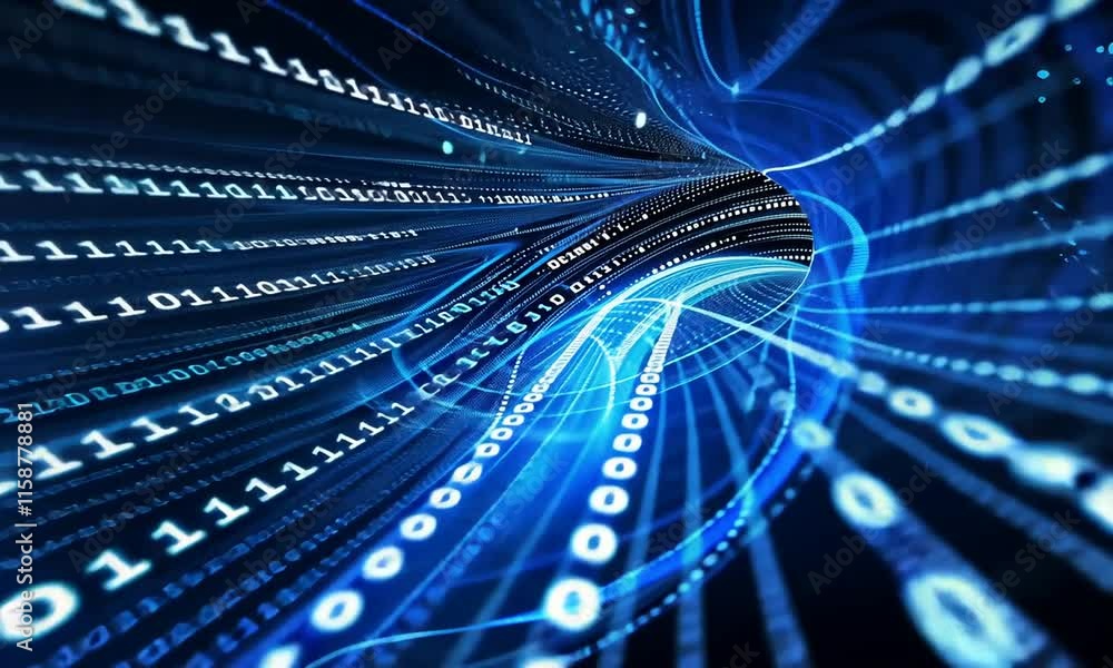 Poster light blue digital binary big data matrix innovation flow transformation tunnel motion forward. ai g