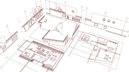house architectural project sketch 3d illustration	
