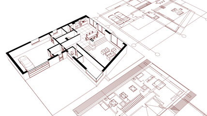 house architectural project sketch 3d illustration	
