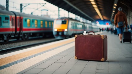 Vintage Brown Suitcase at Modern Train Station