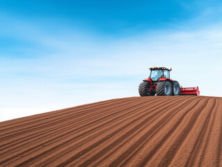Farm Tractor Plowing Hillside Dirt Course, Demonstrating Agricultural Machinery at Work in Fertile Fields