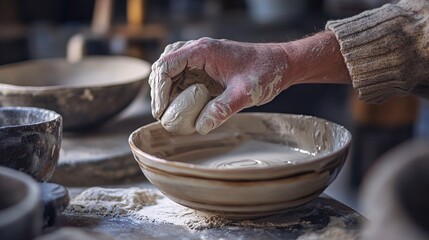 Potter preparing clay for throwing pottery wheel in workshop