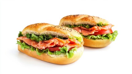Freshly baked Delicious Smoked Salmon Bagel with tomato and salad,bagel sandwich in bakery shop,New York style bagels,Homemade freshly plain,onion bagels,space for text.Selective focus.