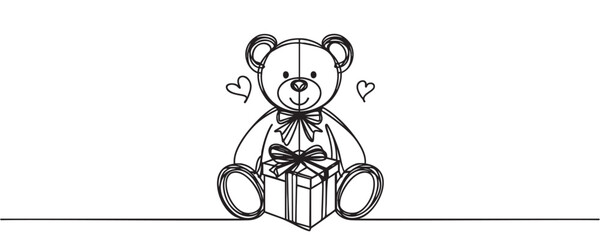 One continuous line drawing of teddy bear. Soft toy for valentine's day, birthday. Vector illustration.