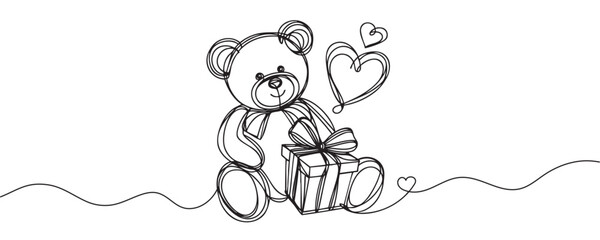 One continuous line drawing of teddy bear. Soft toy for valentine's day, birthday. Vector illustration.