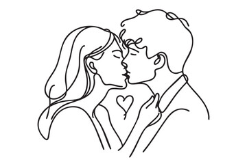 Illustration of couple kissing. One line drawing. Boy and girl kissing in one line style. Vector illustration