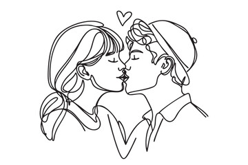 Illustration of couple kissing. One line drawing. Boy and girl kissing in one line style. Vector illustration