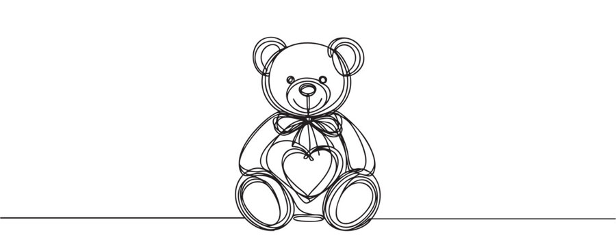 One continuous line drawing of teddy bear. Soft toy for valentine's day, birthday. Vector illustration.