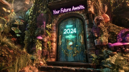 Fototapeta premium Magical door to 2024, surrounded by lush foliage and glowing text.