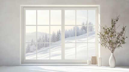 Fototapeta premium Modern residential window view of snowy background,christmas tree and gift boxes.Snowy glittering winter landscape with space for products and decorations,Happy christmas time,snowfall.