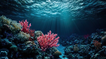 Obraz premium Sunbeams illuminate vibrant coral reef underwater.