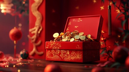 Red box overflowing with gold coins, festive setting.