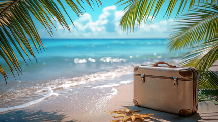 Obraz premium Travel suitcase on a tropical beach, surrounded by palm leaves and sunny sea, with a defocused