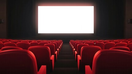 People in the cinema auditorium with Cinema blank wide screen and red chairs in the cinema hall,People silhouettes watching movie performance,empty white screen,space for text.