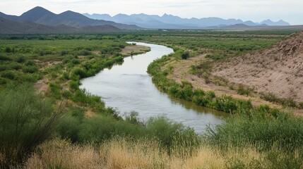 Agricultural Valley with a River Cutting Through, Visible Sediment Deposits, and Irrigation Canals Extending to Surrounding Fields