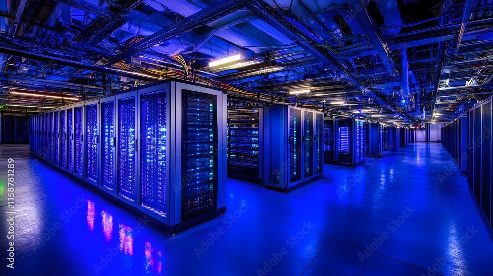 Poster illuminated server racks in modern data center