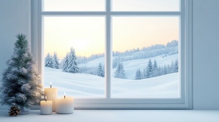 Fototapeta premium Modern residential window view of snowy background,christmas tree and gift boxes.Snowy glittering winter landscape with space for products and decorations,Happy christmas time,snowfall.