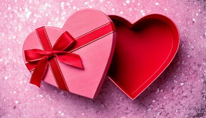 A top view of an open, empty pink heart-shaped box with a red bow