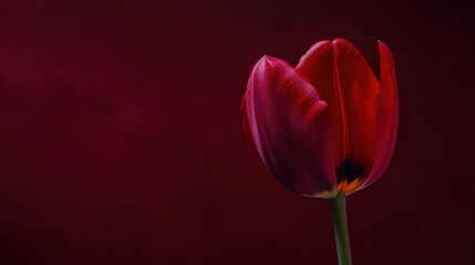 A bold red tulip against a deep burgundy background, close-up shot, Minimalist style