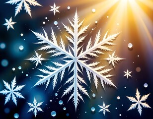 Snowflake on glass shining in the sun rays