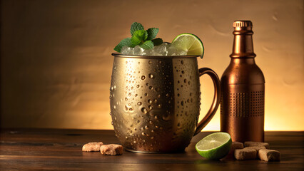 Illustration Classic Moscow Mule in a frosty copper mug with refreshing ambiance against a rustic wooden background