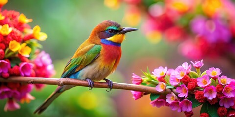 Floral branch, tilt-shift, tiny bird, artistic detail.