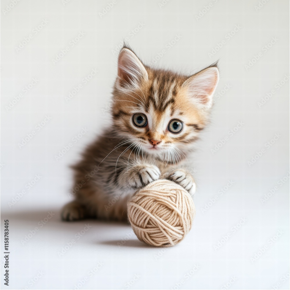Poster cute kitten plays with a soft ball of yarn on a light background during a sunny afternoon. generativ