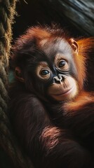 A baby orangutan gazing curiously, surrounded by warm light and deep shadows in a forest setting.