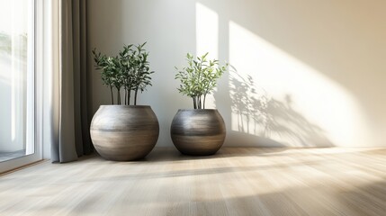 Sunlit Minimalist Room with Two Modern Potted Plants by a Large Window