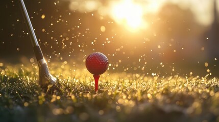 Golf clubs and balls on lush green grass in morning,playing golf,sport outdoor,golfing club for winning stroke or score,game joyful and happy concept.