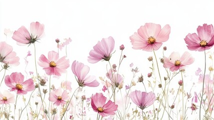 Watercolor of pink cosmos flower isolated on white background,Collection cosmea flower and leaves,wildflowers seamless pattern,soft colorful blooming flower background.