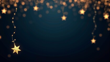 Festive Holiday Banner: Gold Stars with Shimmering Bokeh Lights on Dark Blue Background for Christmas and New Year