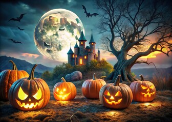 Halloween's spooky pumpkin scene, surreal and tilted, AI art.