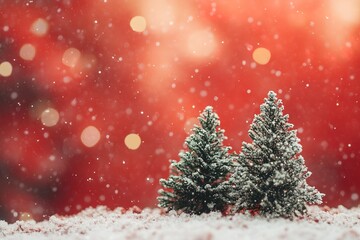 Christmas background with xmas tree and sparkle bokeh lights on red canvas background