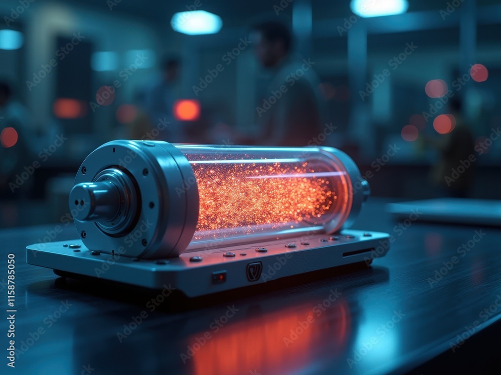 Poster futuristic quantum energy device generating vibrant particles in a high-tech laboratory during an ex