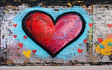 Fototapeta premium A bold graffiti-style mural of a giant heart on a brick wall for valentines day