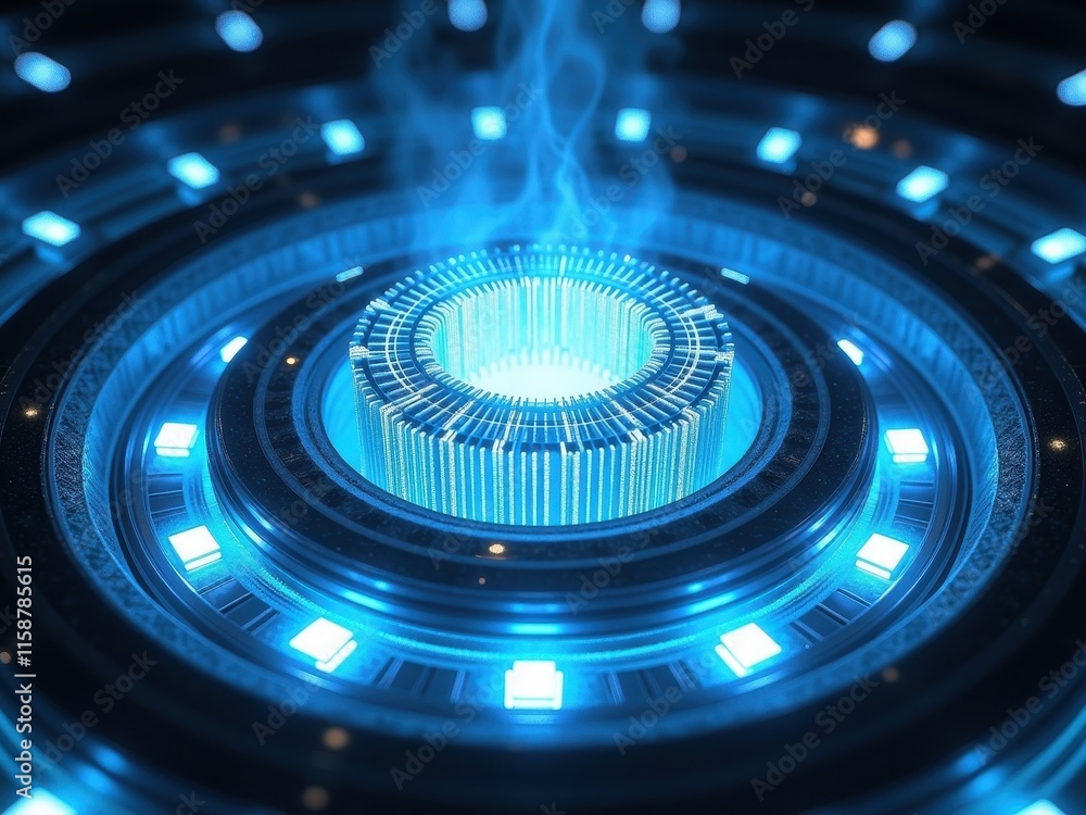 Poster futuristic thermonuclear fusion reactor design featuring intricate details and glowing elements, set