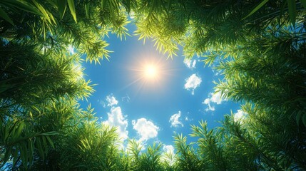 Sunny sky seen through bamboo canopy.