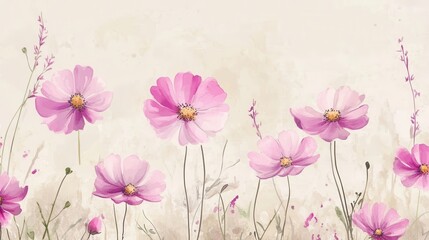 Fototapeta premium Watercolor of pink cosmos flower isolated on white background,Collection cosmea flower and leaves,wildflowers seamless pattern,soft colorful blooming flower background.