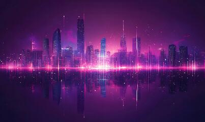 Futuristic city skyline reflected in water at night, glowing with pink and purple neon lights.