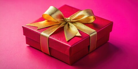 Fototapeta premium Macro view: gold ribbon tied red gift box.
