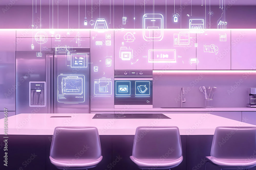 Poster modern smart kitchen with holographic interface displaying appliance controls and data.