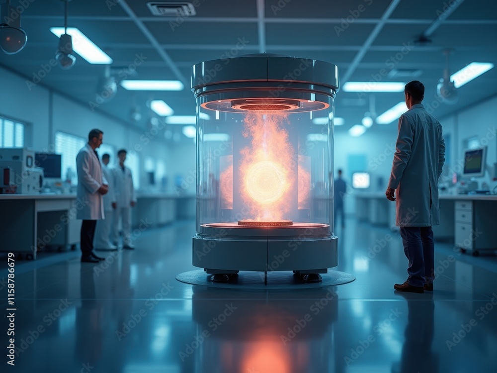 Poster advanced thermonuclear fusion reactor demonstrated in high-tech laboratory with researchers observin