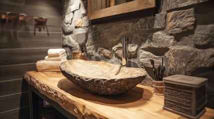 Rustic bathroom perfection with a live-edge wood vanity, stone sink, and soft natural lighting highlighting its raw beauty.