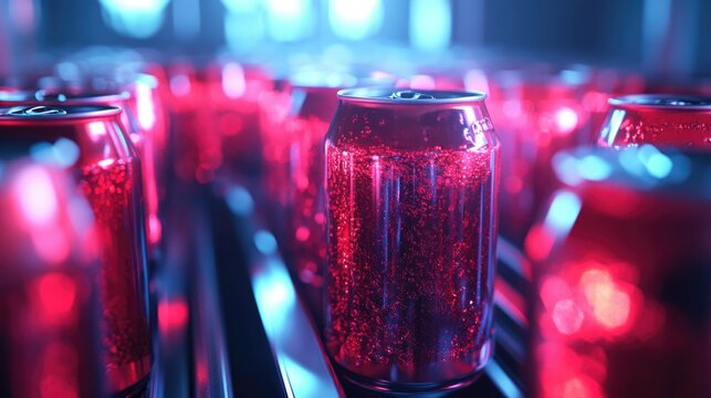 Close-up of soda cans moving under automated quality checks in a streamlined beverage production plant."